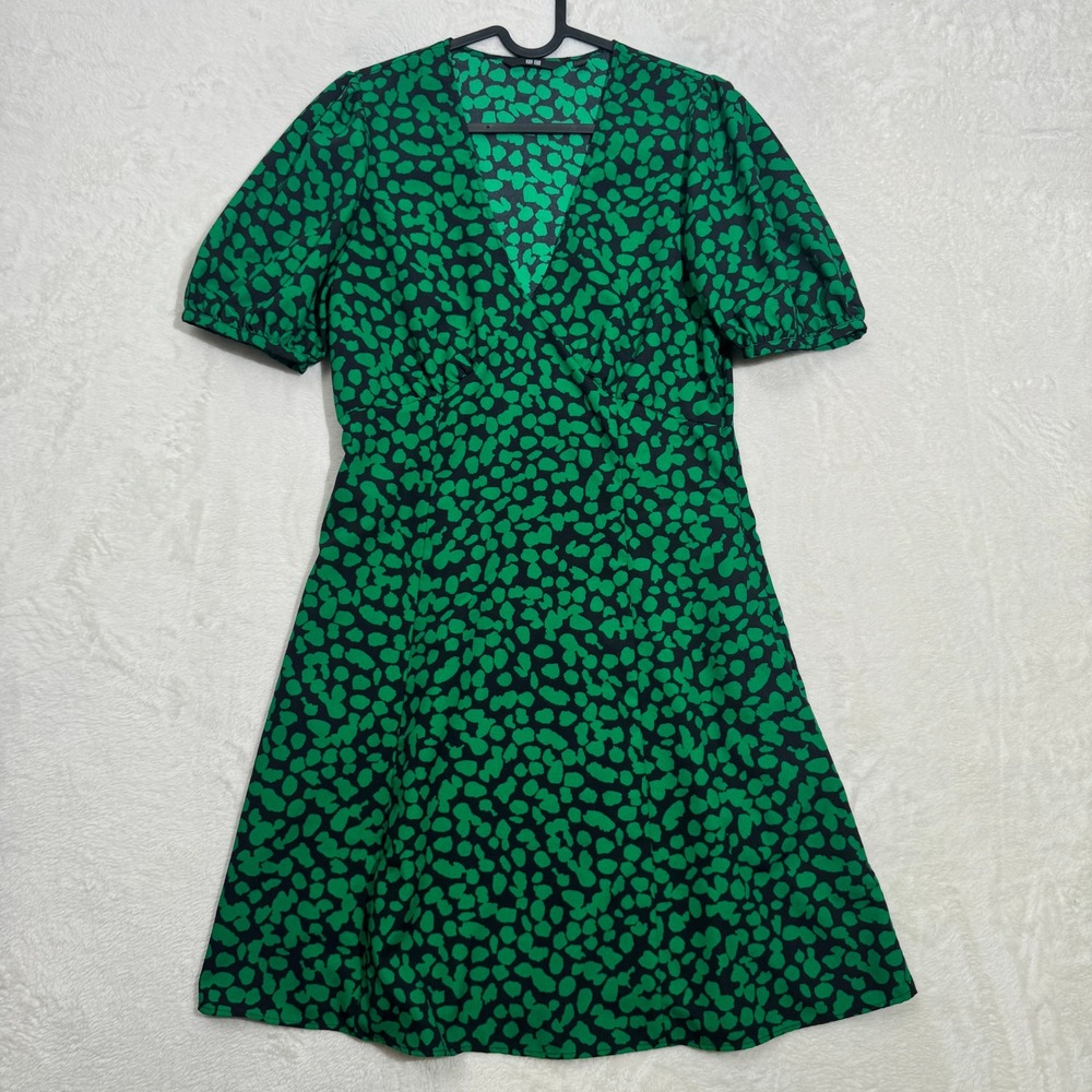 Uniqlo Dress Womens S Green Abstract Pebble Print V-Neck Puff Sleeve A-Line